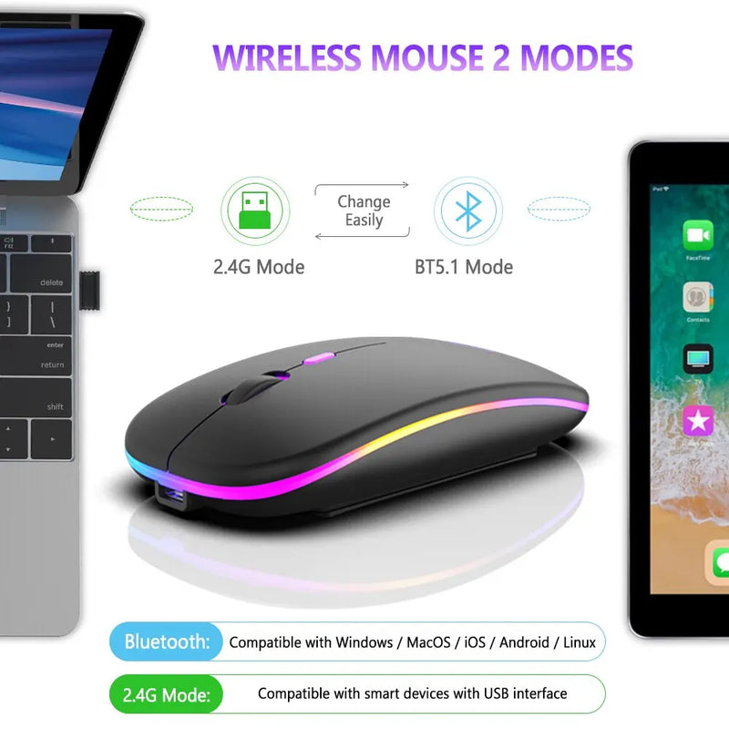 Mouse Bluetooth 2.4GHz RGB Com Adaptador USB