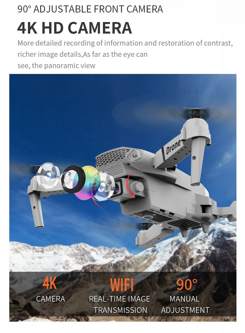 Drone 4k Profissional e88, câmera hd angular, wi-fi, FVP, dobrável, quadrotor RC